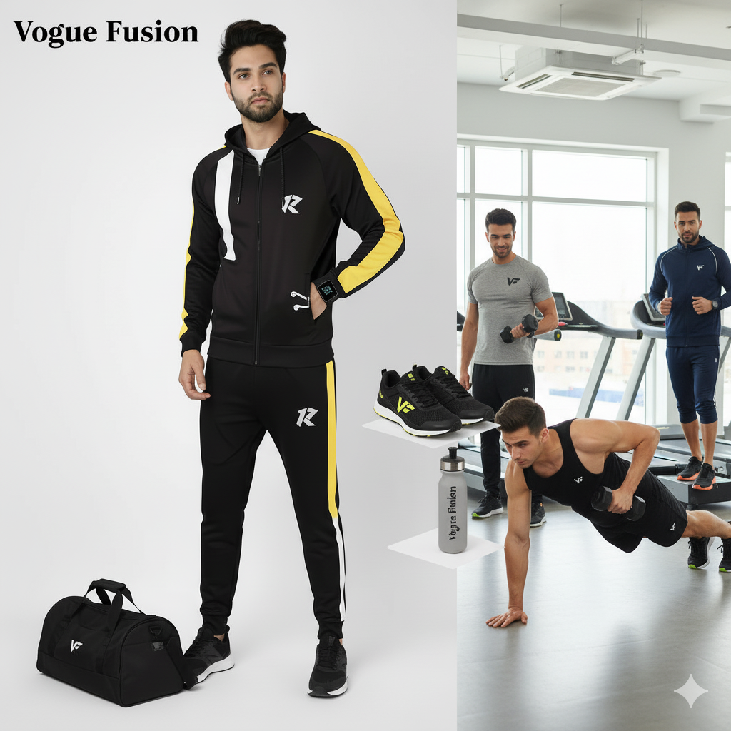 Vogue Fusion Men's Elite Performance Tracksuit - Black & Yellow Stripe