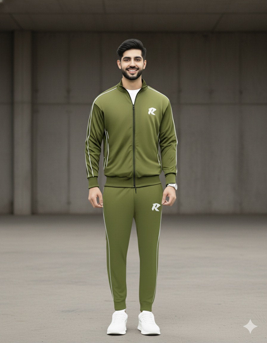 The Olive Green Retro-Stripe Tracksuit | Distinctive Sport Style