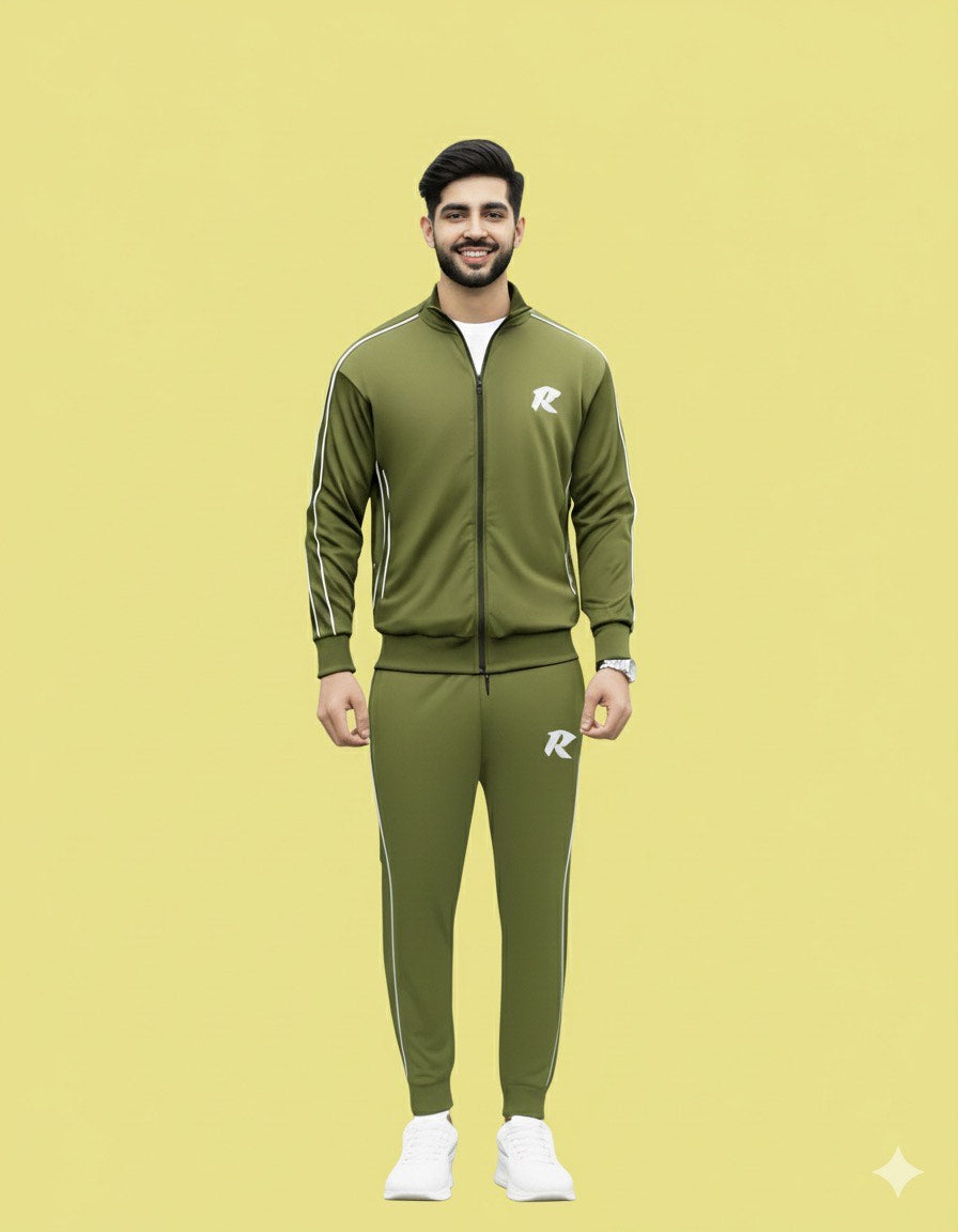 The Olive Green Retro-Stripe Tracksuit | Distinctive Sport Style